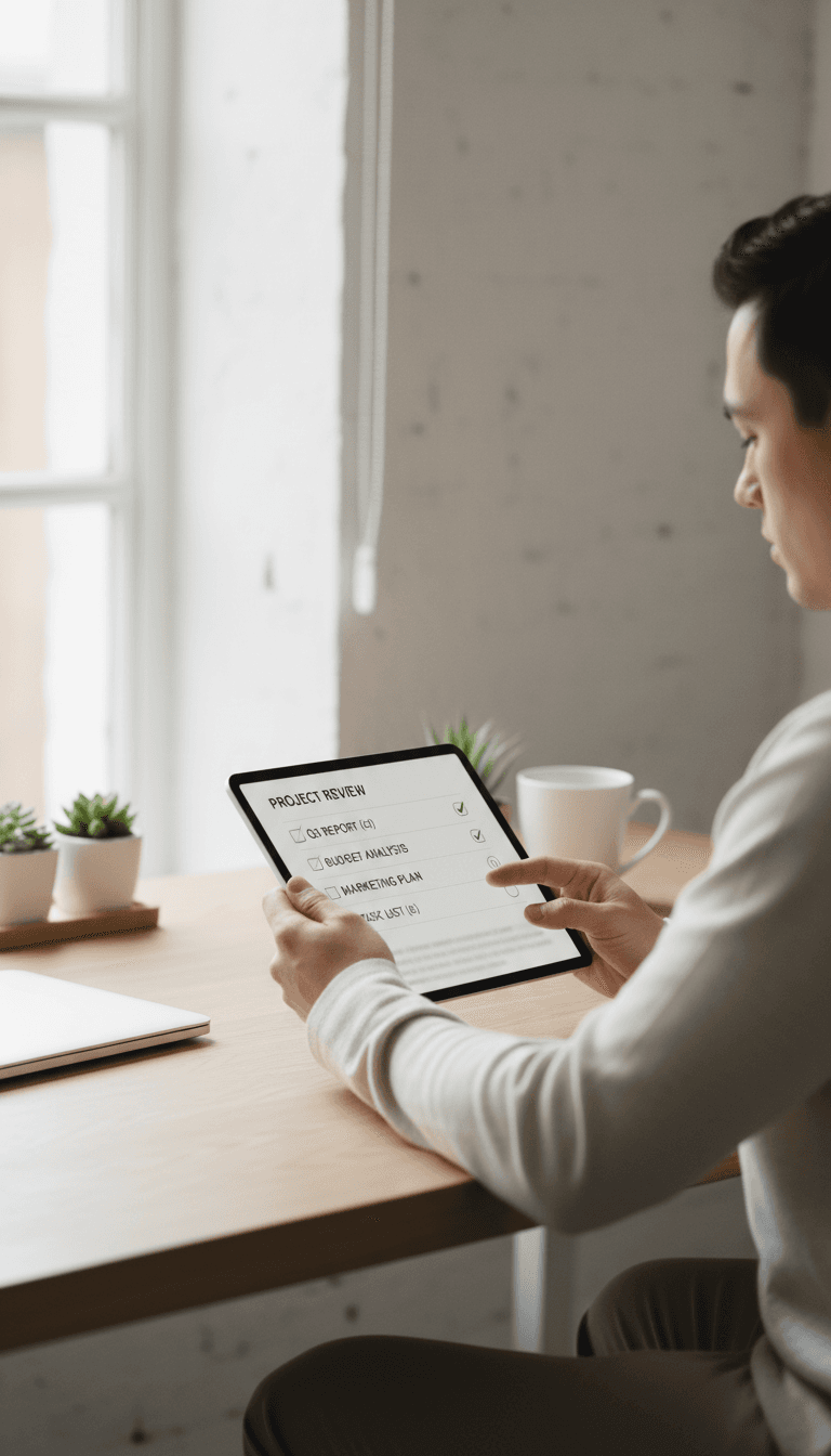 Person at a clean desk reviewing digital documents on a tablet