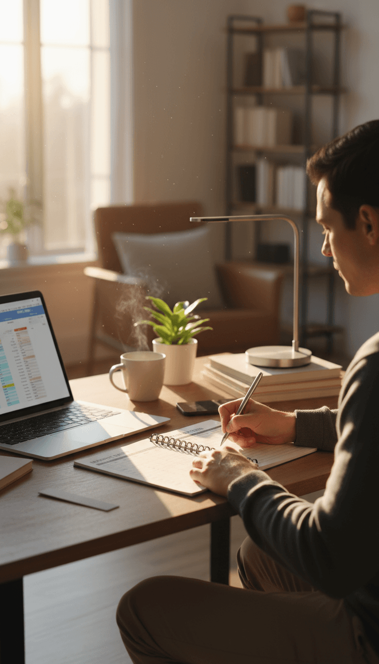 Person filling out a budget planner at a clean desk