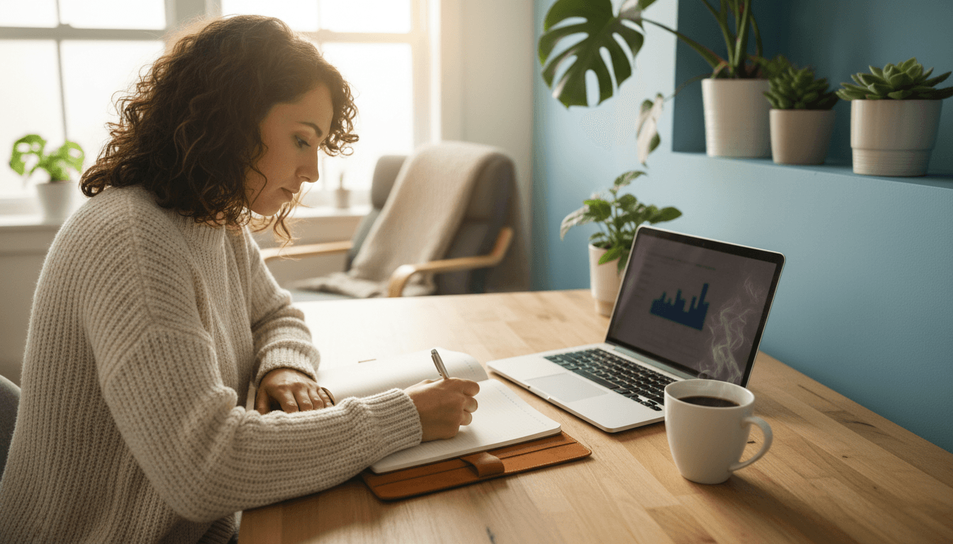 Person writing in notebook at a bright desk with laptop and coffee