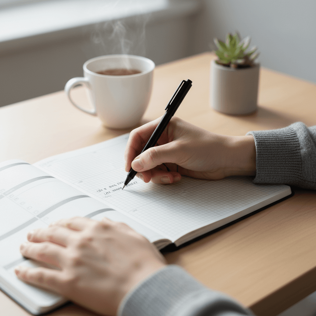 Hands holding a printed budget planner page beside a phone