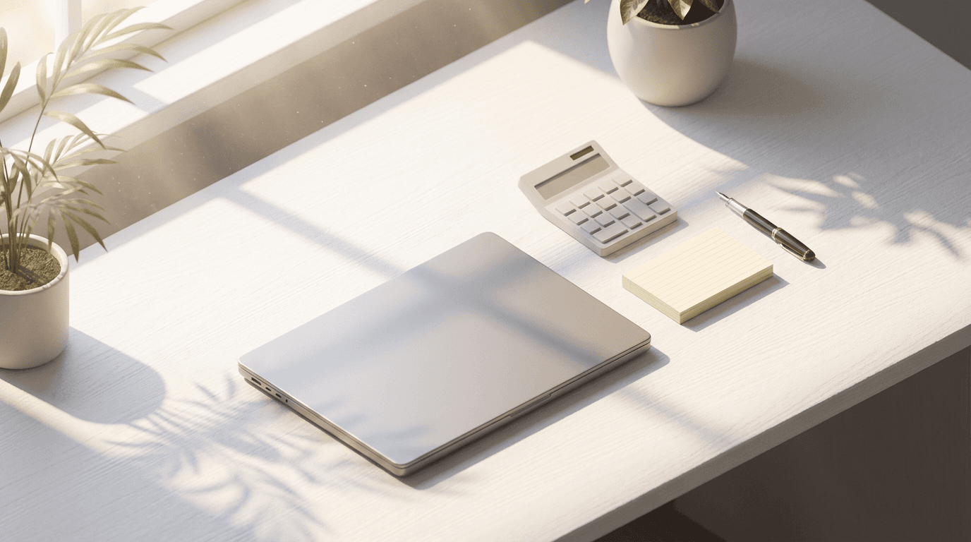 Open budget planner on a clean desk with a calculator and plant